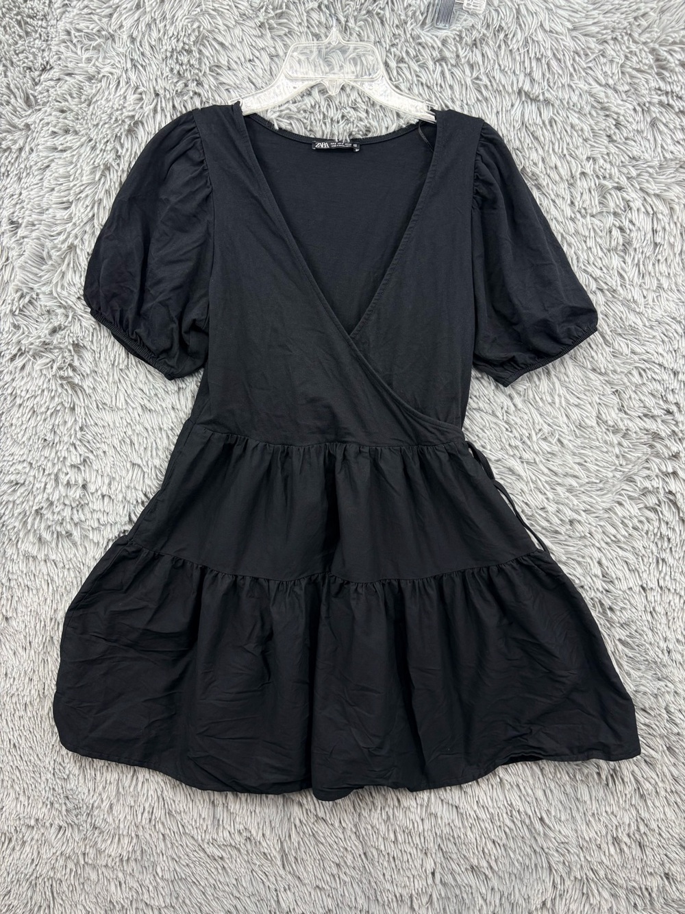 Zara Dress Womens Small Black Puff Sleeve Tiered Wrap Mini